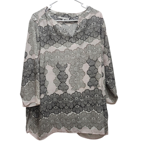 Valerie & Claire Boho Paisley Plus 2X Boho Pink Black Gray 3/4 Sleeve Blouse - Picture 1 of 4